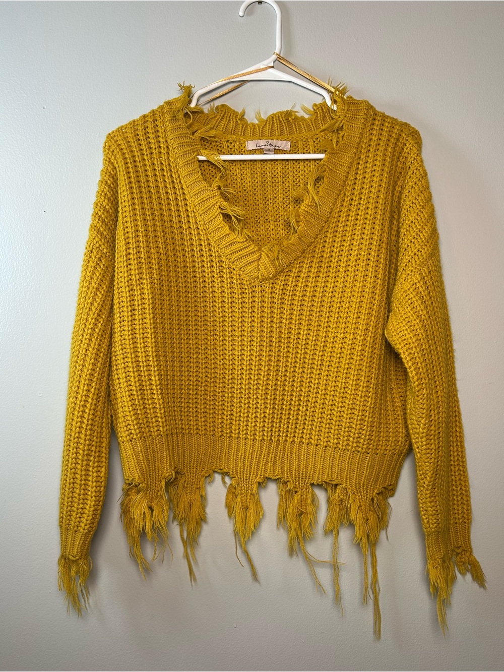 Love Tree Frayed V-Neck Sweater in Mustard Yellow